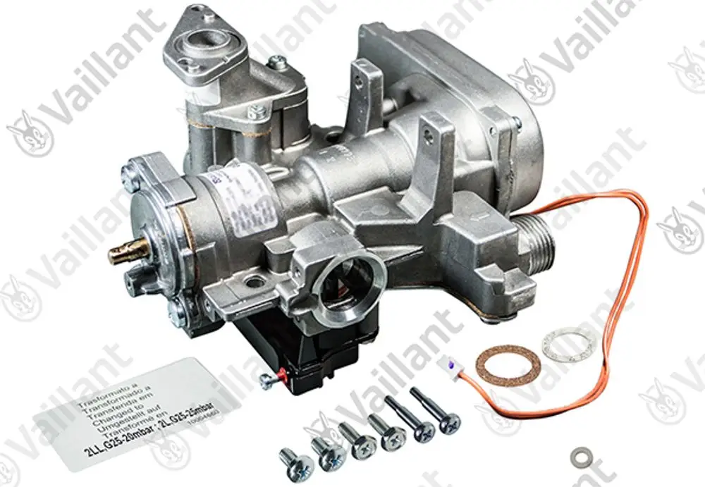 Gasarmatur von Vaillant, gefertigt aus Metall. Das Produkt zeigt Anschlussmöglichkeiten und wird mit Zubehörteilen wie Dichtungen und Schrauben geliefert.